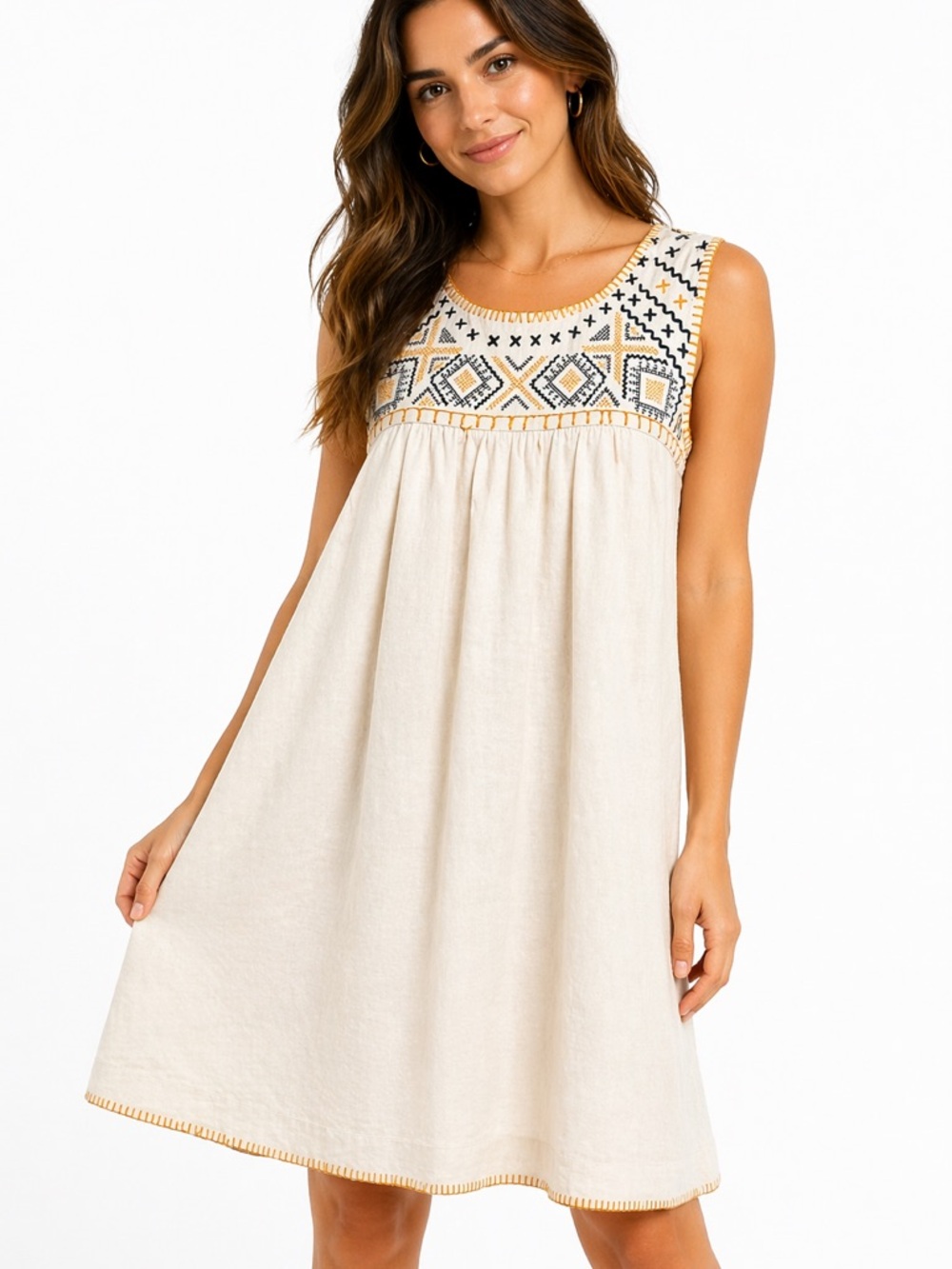 C&C CALIFORNIA‎ 100% Linen Embroidered Boho Dress Cream Sleeveless Size Small